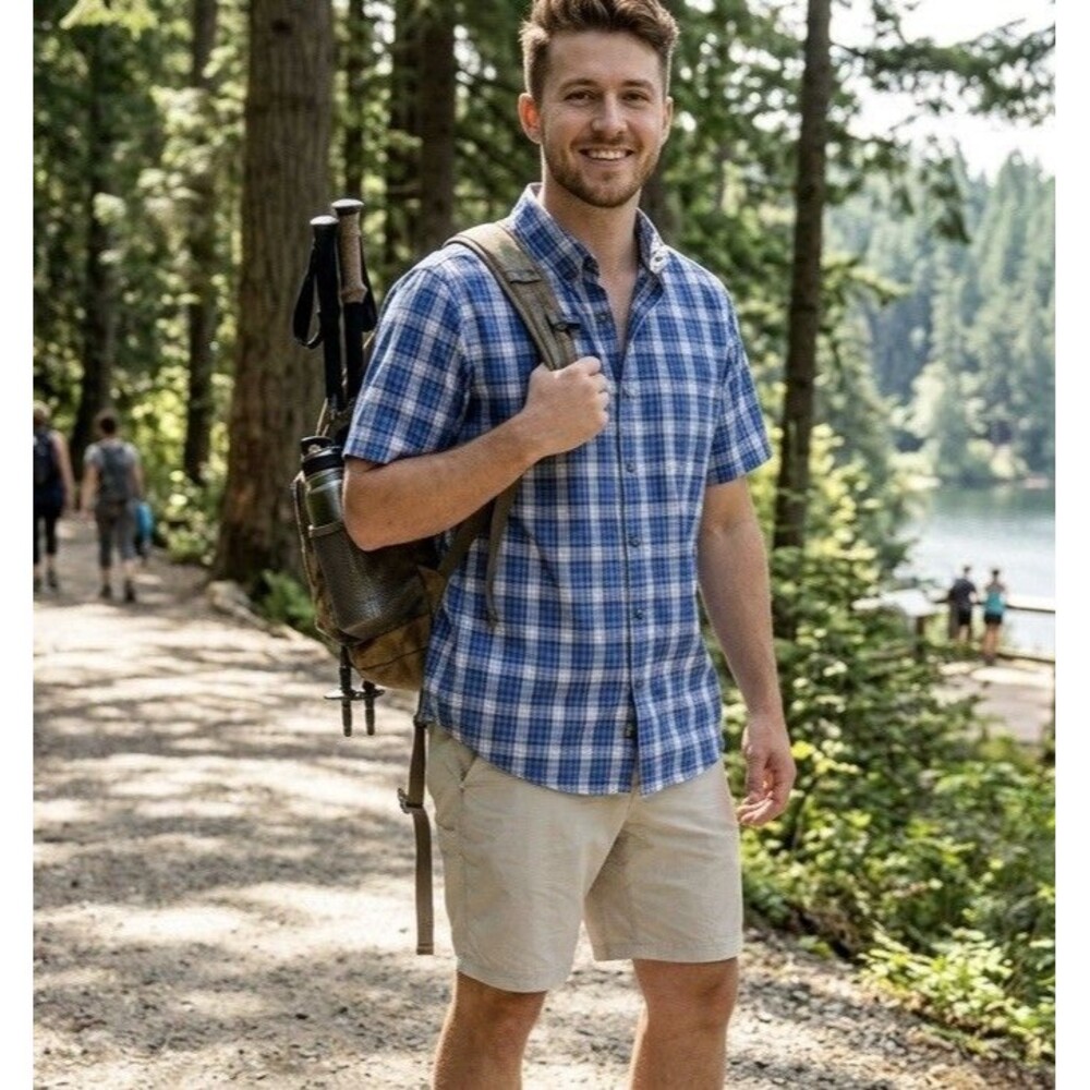 UB Tech Unionbay Men's Medium Plaid Performance Shirt Blue Gorpcore Hiking Tech